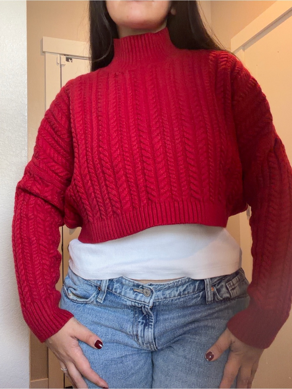 Banana Republic Red Cropped Cable-Knit Mock Neck Sweater